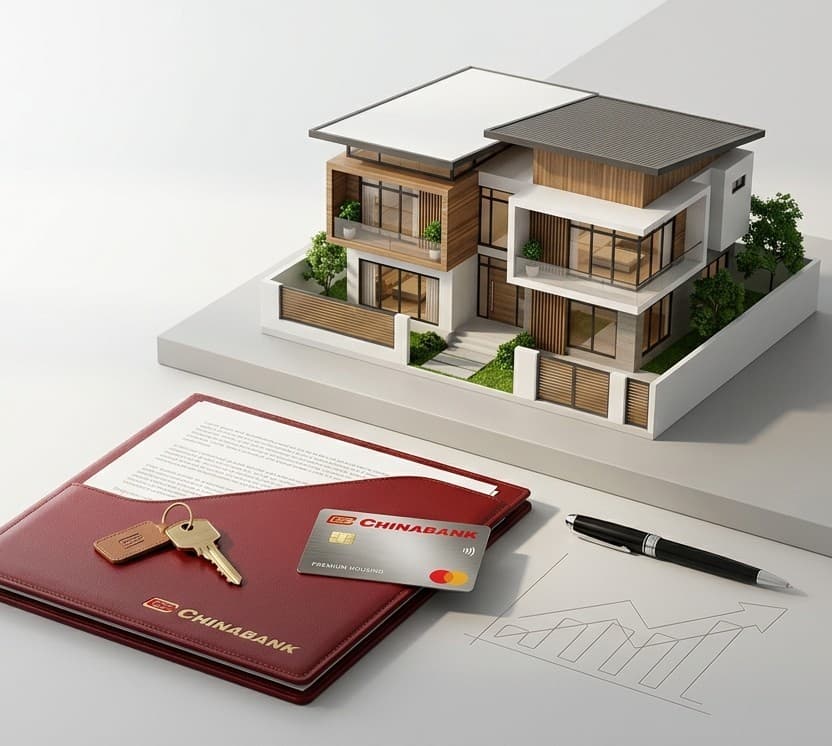 An architectural model with house keys and a Chinabank card — the housing-loan partnership.
