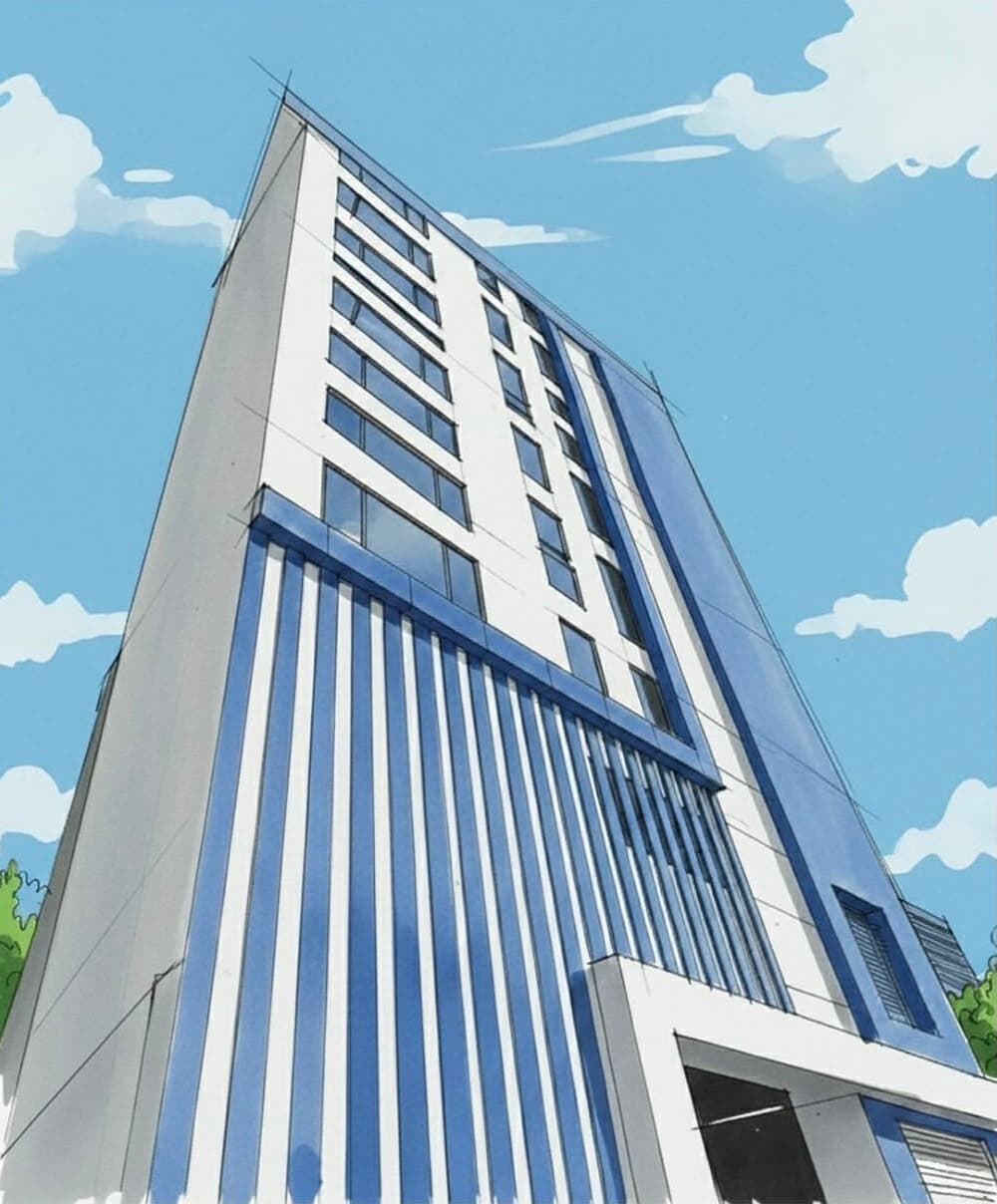 An illustrated portrait of the Aleevia Carter Residences tower against a bright sky.