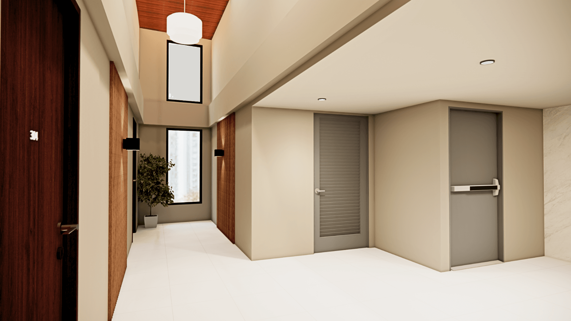 A calm residential hallway with warm wood niches.