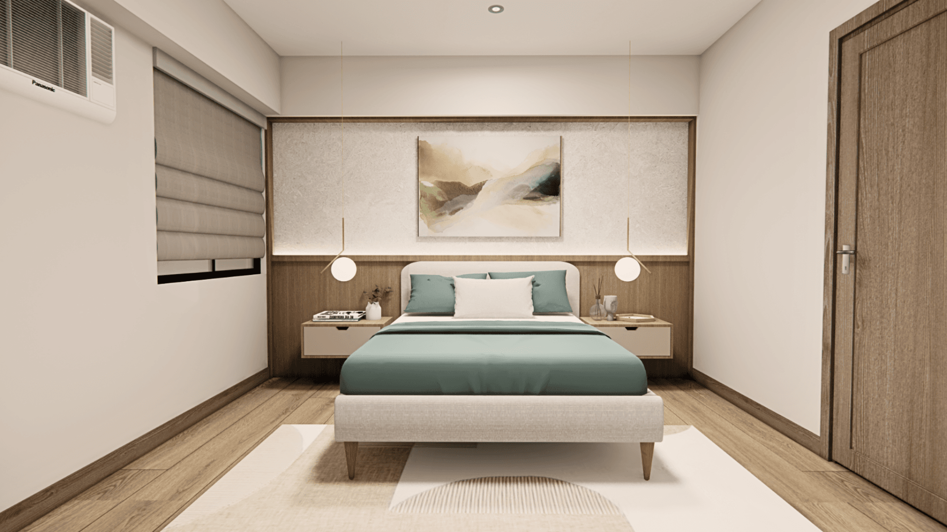1-Bedroom Loft entryway, with pale plaster walls and warm oak detailing.