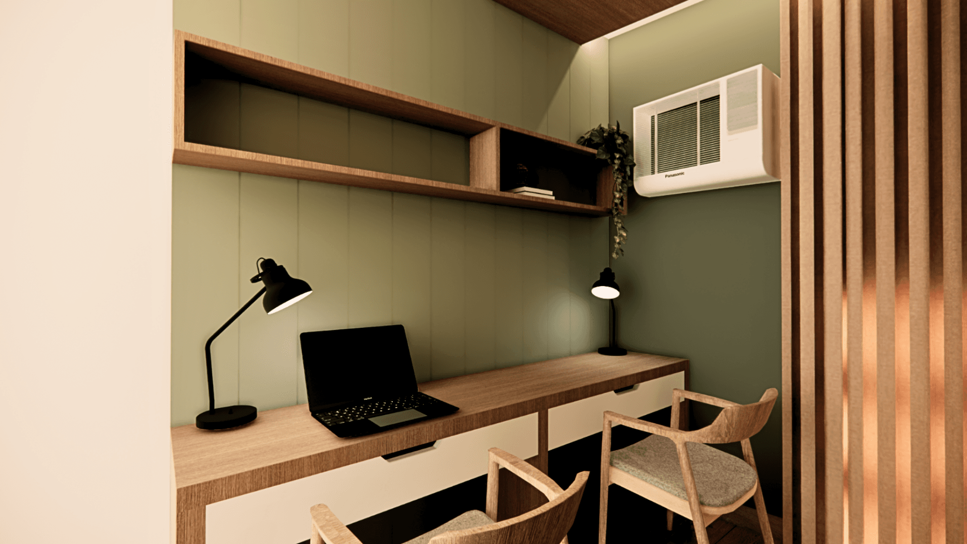 1-Bedroom Loft mezzanine bedroom, soft linen and sage tones with a low timber bed.