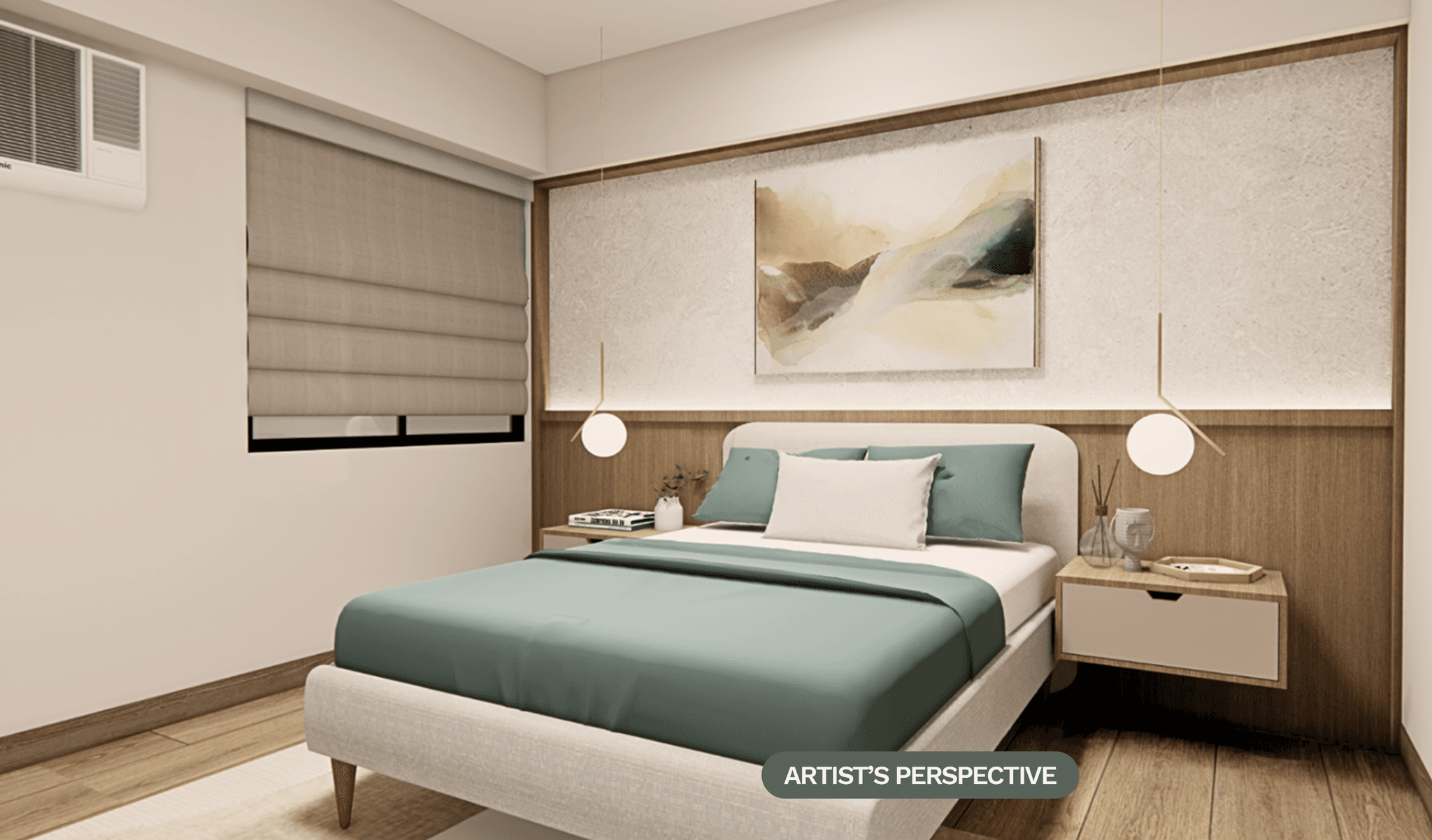 Wide view of the 1-Bedroom Loft bedroom with sage bedding, warm timber, and built-in wardrobes.